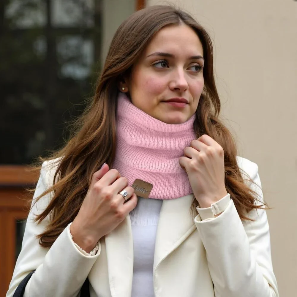Women's Sky Pink Scarf Winter Double-Layer Neck Warmer Knit Fleece Lined Circle